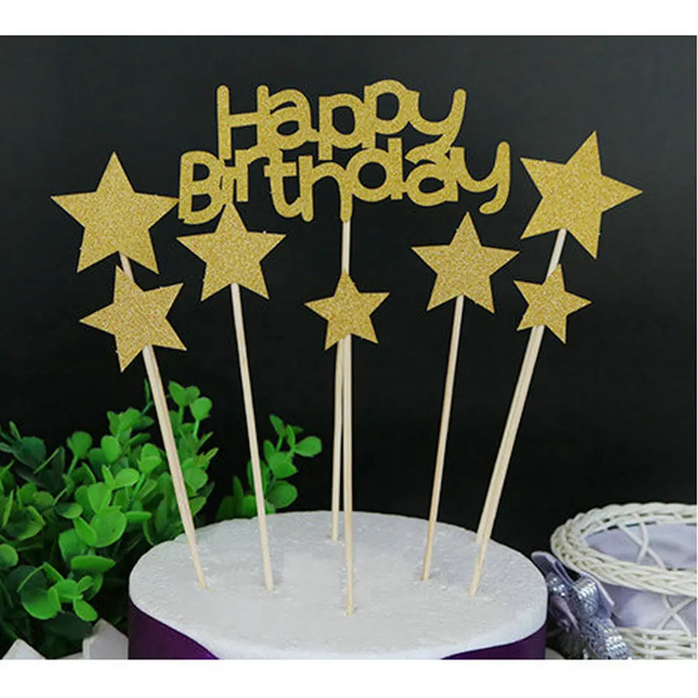 1set Happy Birthday And 7pcs Star Gold Cake Flags With Double Stick For Family Birthday Party Baking Decoration Supplies