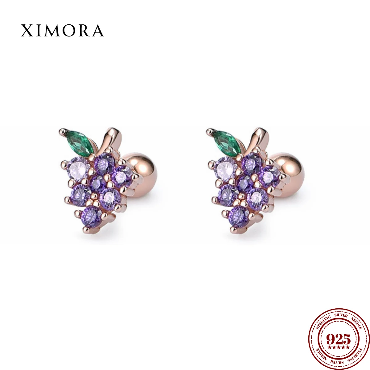 

S925 Sterling Silver Korean-Style Girly Ear Studs for Women Simple and Petite Diamond-Studded Grape Leaf Design Silver Ear Studs
