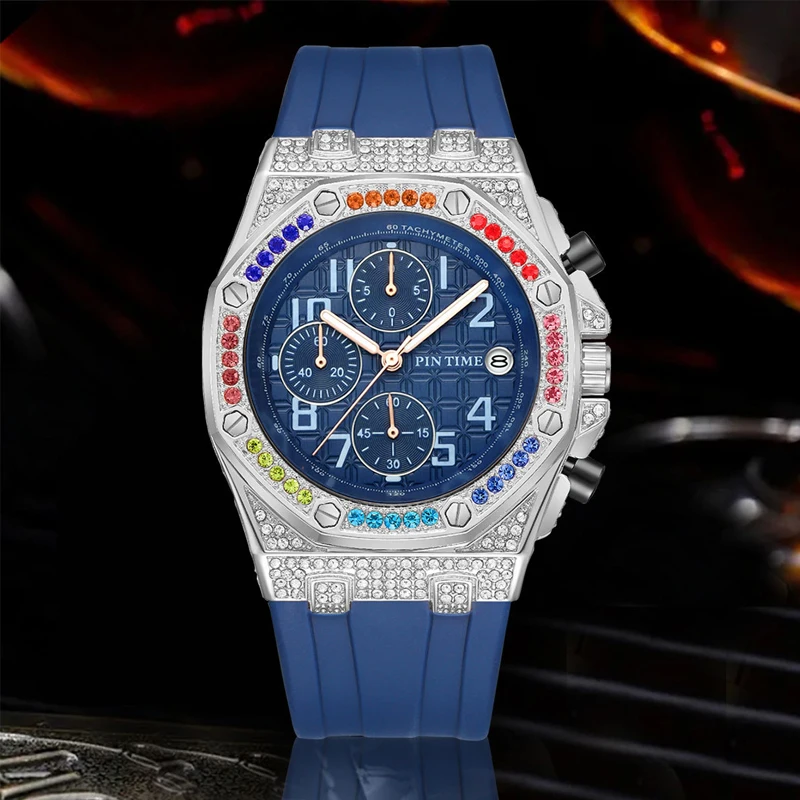 PINTIME New Rainbow Diamond Inlaid Men's Watch European And American Business And Leisure Style Men's Waterproof Quartz Watch