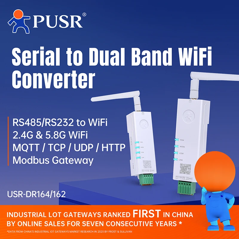 PUSR Serial to Dual Band WiFi Converter RS485/RS232 to WiFi Converter Modbus Gateway with MQTT IEEE802.11 a/b/g/n USR-DR164/162