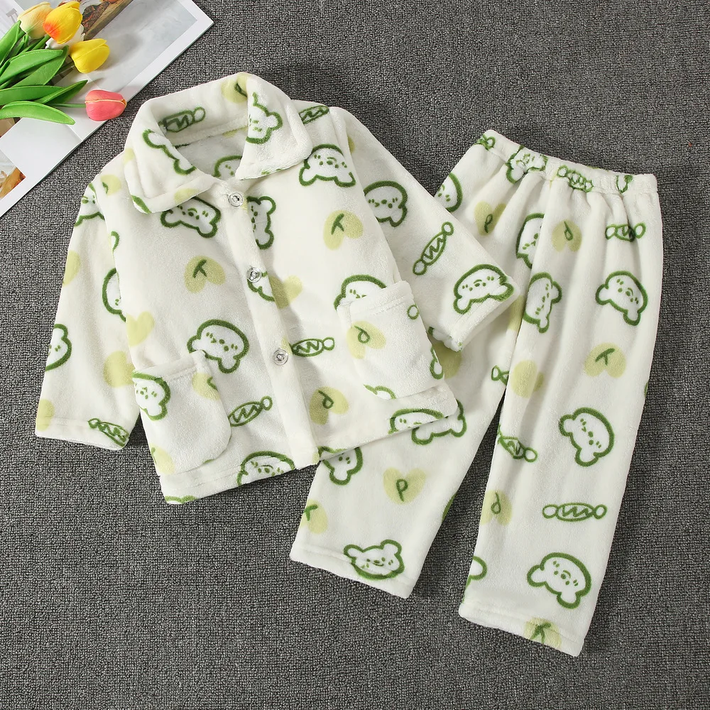 Fall and Winter Children\'s Coral Velvet Pajamas Homewear Suit Boys Girls Girls Baby Kids Thickened Facecloth Homewear Suit