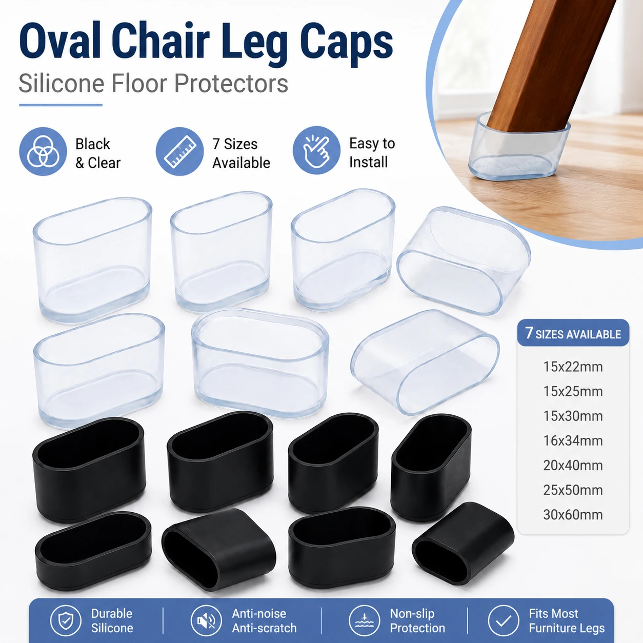 4-32Pcs Oval Furniture Feets Covers, Non-Slips Table Chair Leg Pads, Floor Scratch Protectors for Stool, Desk, Chair & Sofa