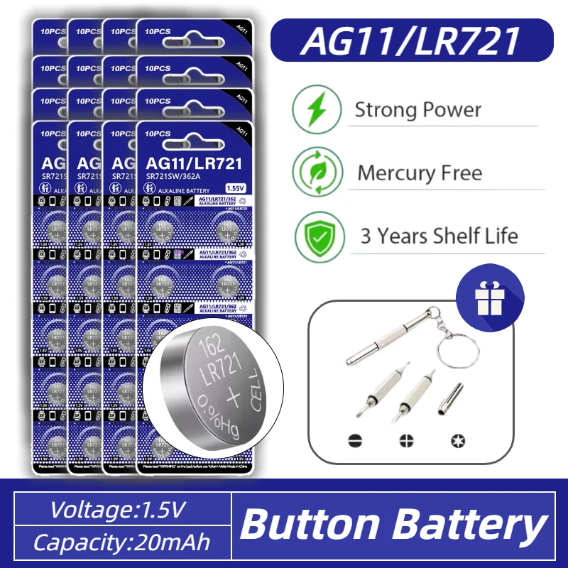 

1.55V AG11 LR721 20mAh Lithium Button Cell SG11 LR58 SR58 162 361 362 LR721 SR721 SR720 L721F Coin Cell for Watch Toys