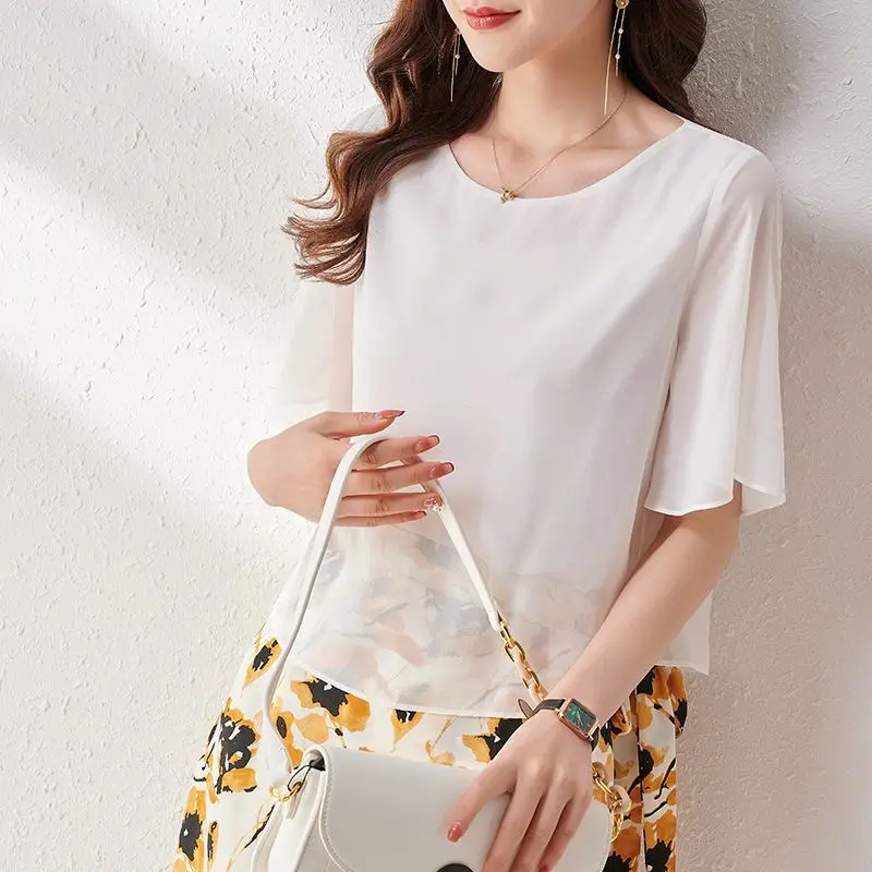 Elegant Solid Color Spliced Irregular Chiffon Blouse Women\'s Clothing 2024 Spring New Casual Pullovers Office Lady Shirt