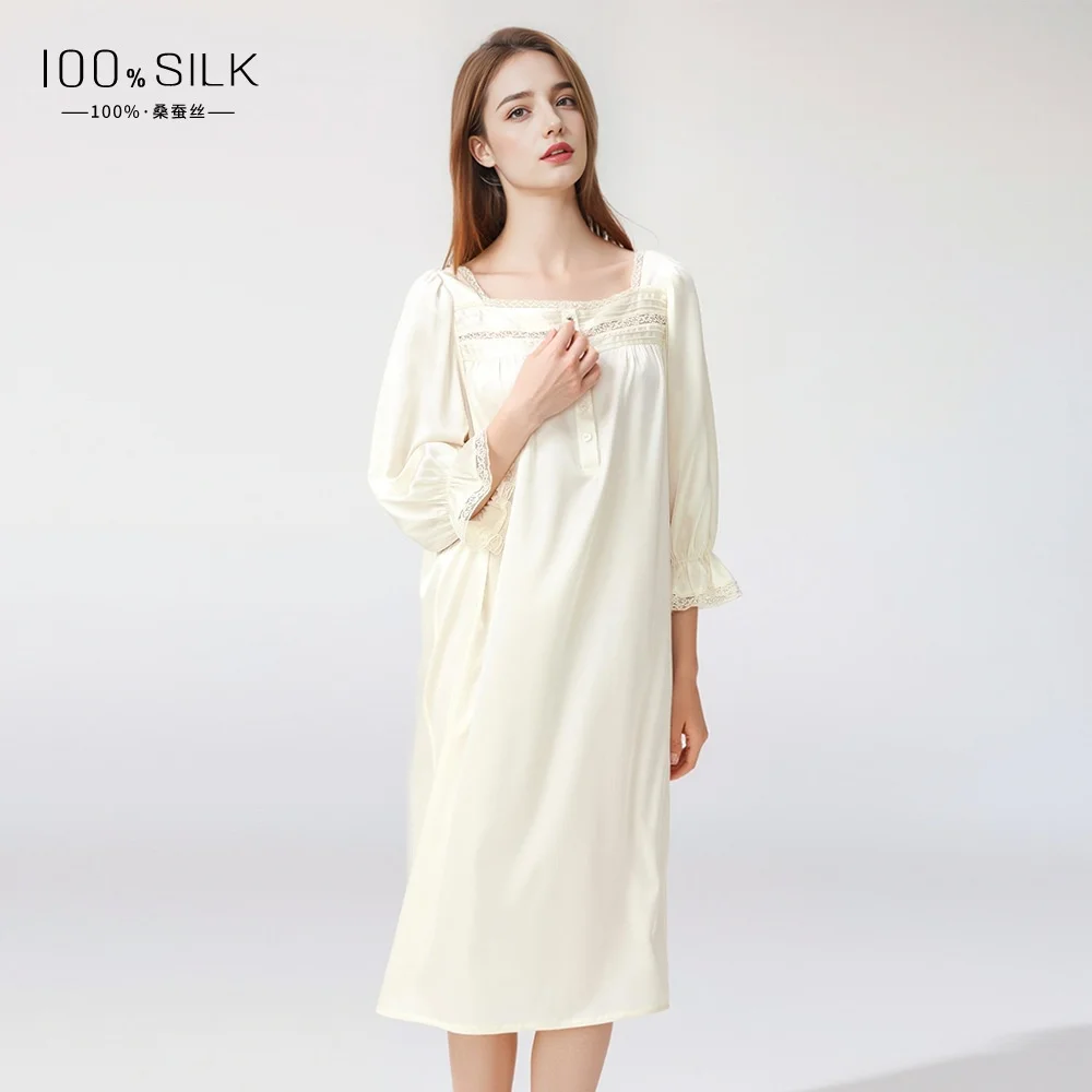 Women's Silk Nightdress, French Square Collar Princess Dress, 100% Mulberry Silk Loungewear, Cool Bubble-sleeve Nightdress