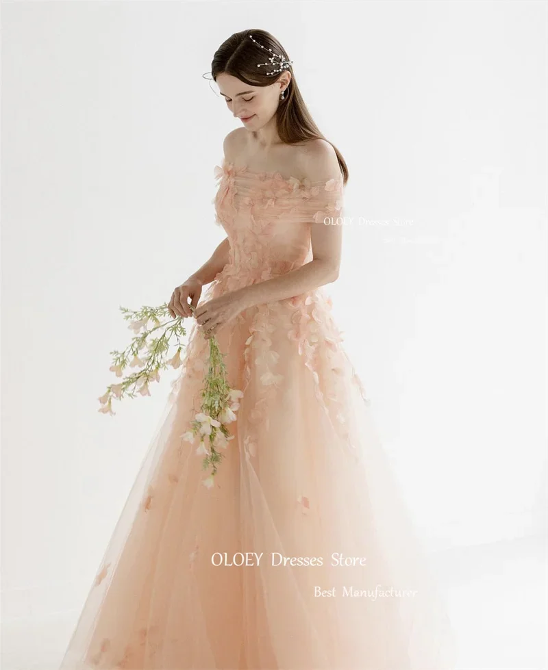 OLOEY Fairy Peach Pink Tulle Korea Lady Long Prom Dresses For Weding Photoshoot 3D Flowers Evening Gowns Wedding Photoshoot