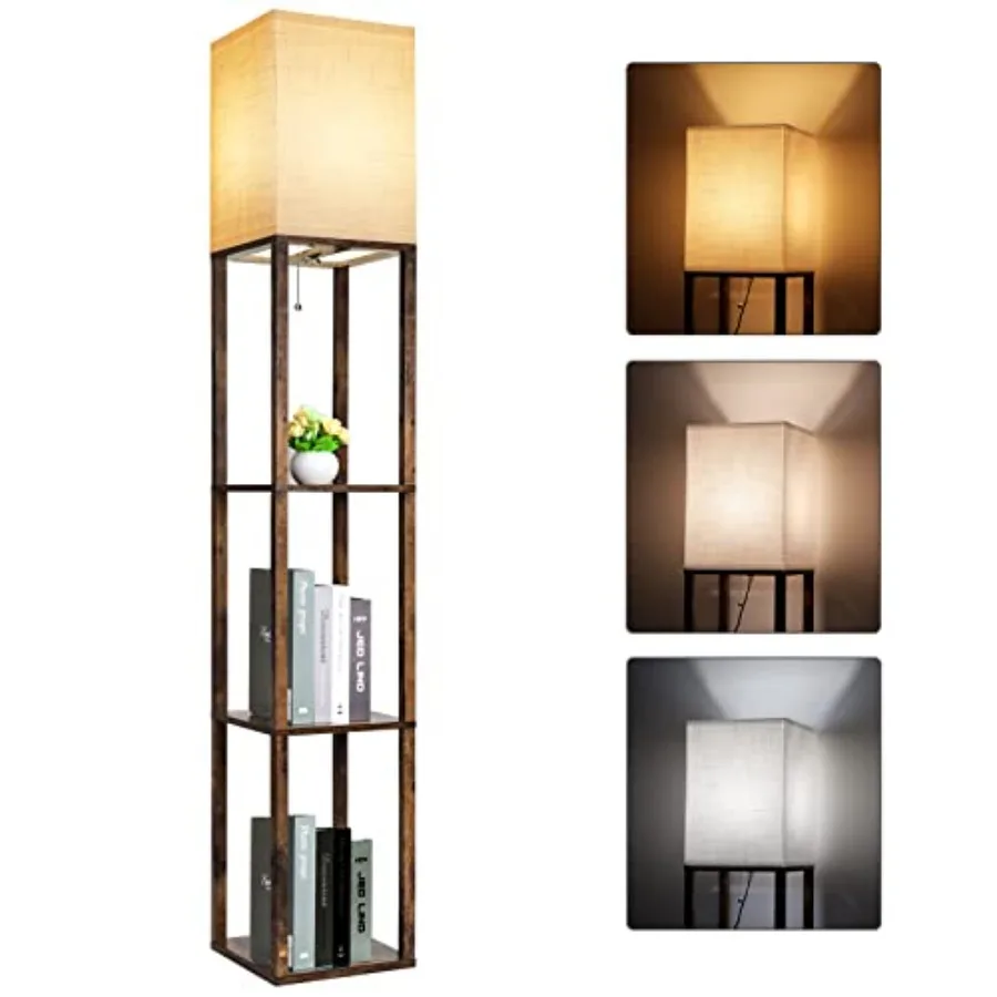 Floor Lamp with Shelves, Modern Shelf Lamp for Display Storage, 3 Color Temperature Wood Narrow Standing Corner Lamp with 8W Bu