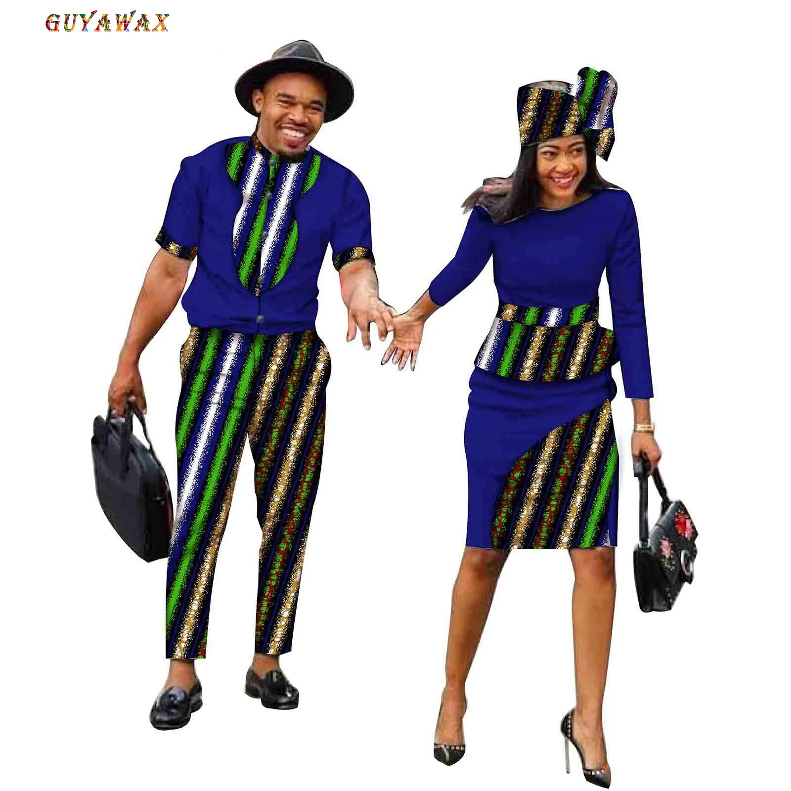 African Couple Clothes Women Print Round Neck Lady Office Elegant Dress Match Men Outfits Dashiki Shirts and Pants Sets Wedding