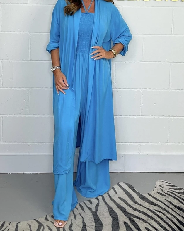 

Fashionable Blue Neckline Pleated Tight Fitting Strapless Waistband Loose Wide Leg Jumpsuit and Thin Long Open Front Coat