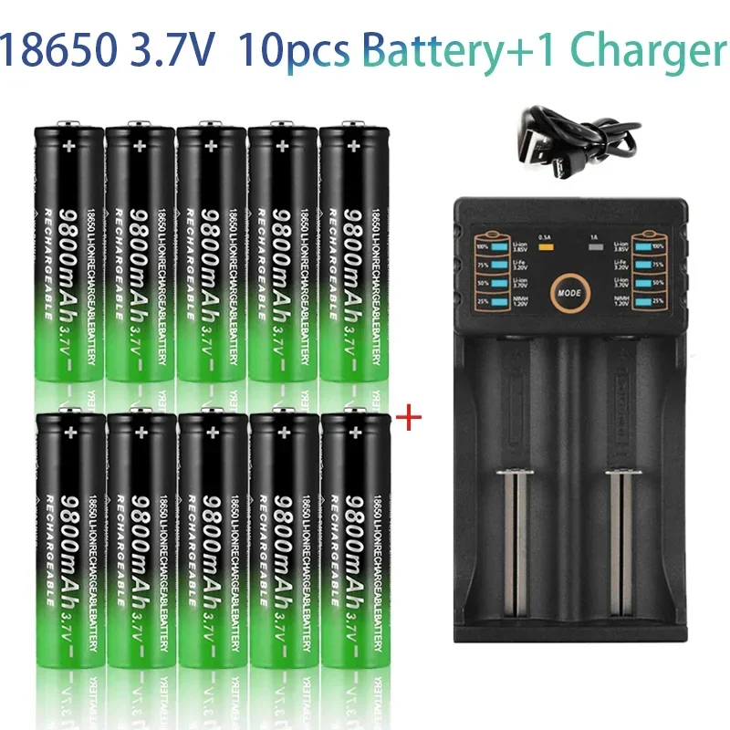 100% 18650 리튬 배터리 손전등 18650 충전식 배터리 3.7V 9800mah 손전등 + USB 충전기