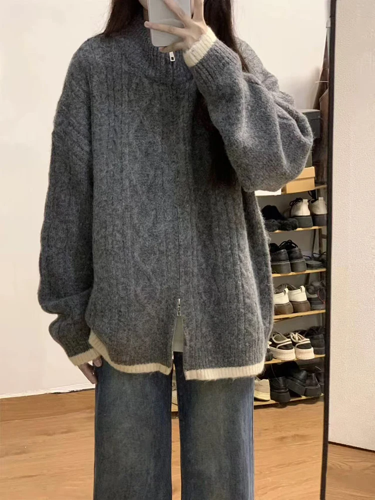

Autumn Warm Zipper Cardigan Women Korean Loose Lazy Style O Neck Sweater Coat Female Fashion Twist Long Sleeve Cardigan Jacket
