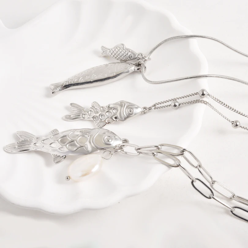 Cute Stainless Steel Silver Color Small Fish Pendant Necklace Natural Pearl Fish bone Mermaid Tail Chic Brief Charms Necklaces