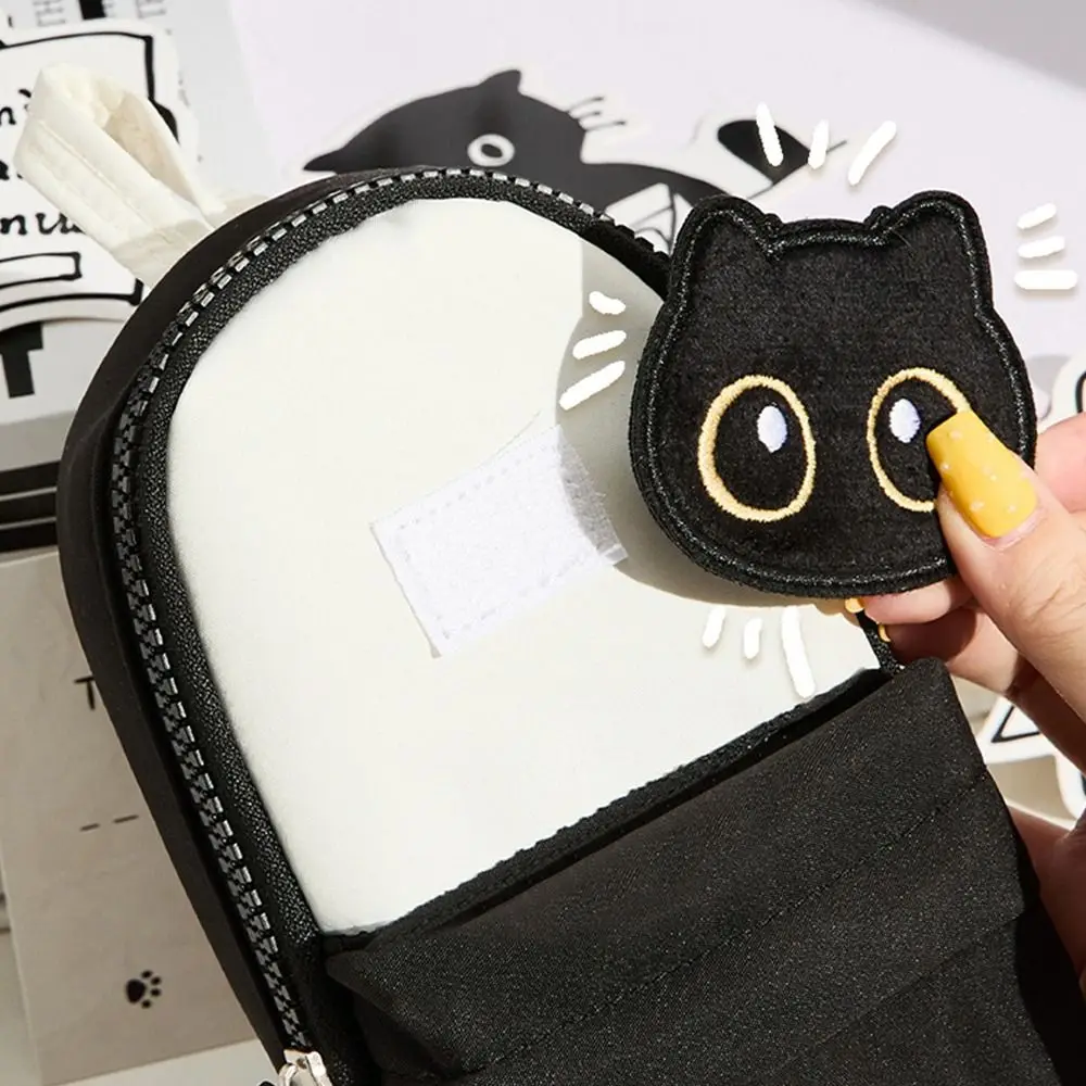 Multi Functional Black Cat Pencil Case Embroidery Pattern Backpack Shape Pen Bag Stationery Organizer Students