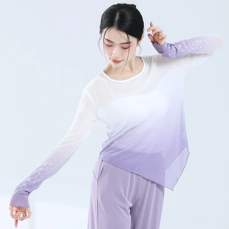 Women Classical Dancing Clothes Mesh Top Long Sleeve Cuff Blingbling Design Gradual Color Fairy Stage Performance Blouse