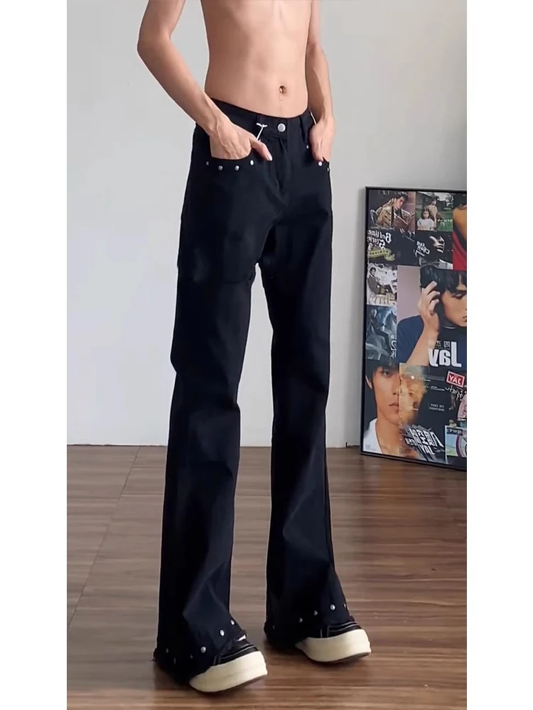 

American Retro Rivet Frayed Wide Leg Men's Jeans CleanFit High Street Straight Blade Pants Youthful Trendy Wear Resistant Sli...