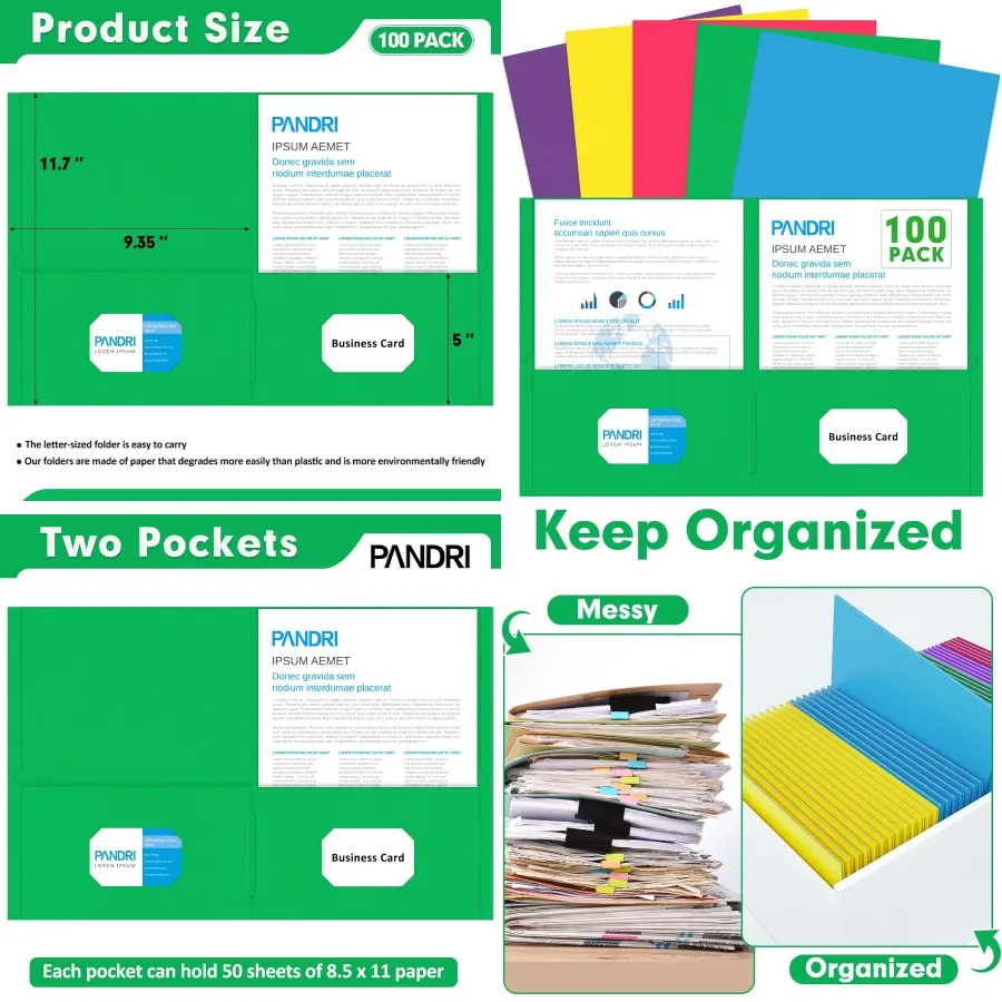 Dua Folder Kantong PANDRI 100 Pack Ukuran Letter untuk Kertas, Folder File untuk Sekolah, Kantor, Rumah, Organisasi Bisnis, Berbagai Warna (5 Warna)