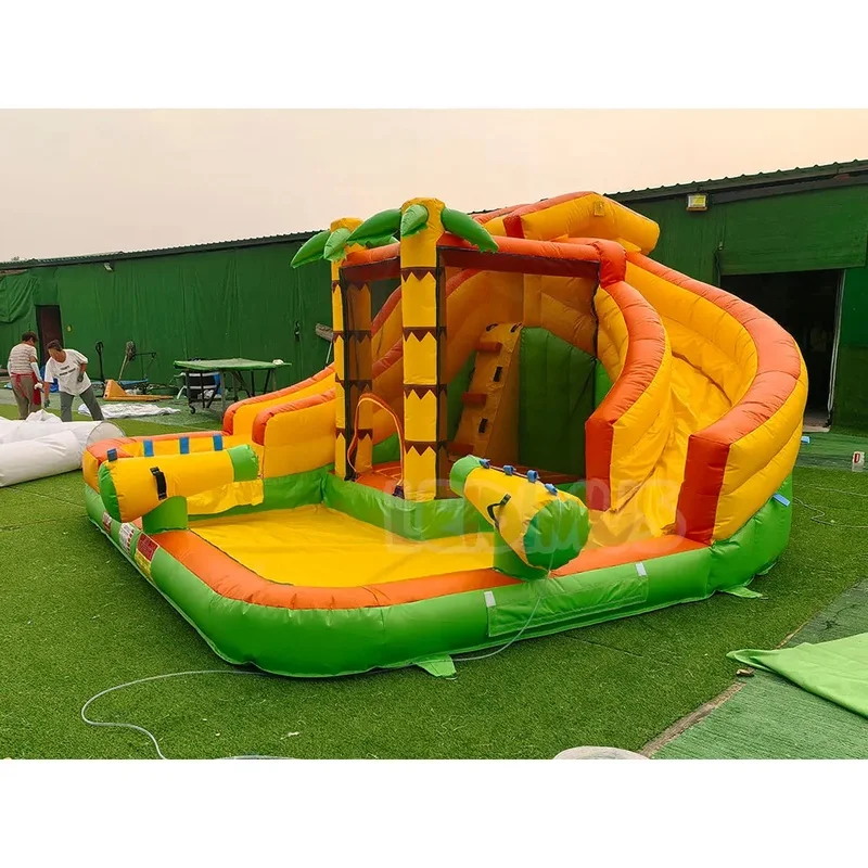 Jungle Palm Tree Inflatable Water Slide Combo, Commercial Kids Inflatable Water Park Bounce House With Pool