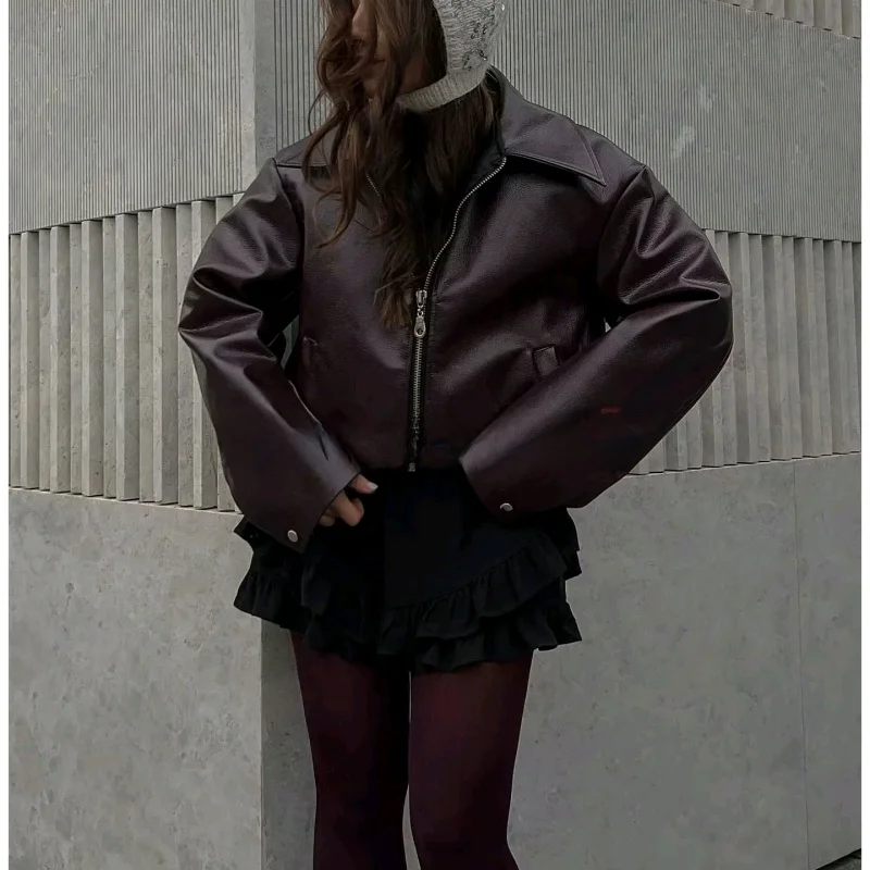 خريف جديد المرأة الأمريكية الرجعية سستة طوق طويل Sve بولي Leather جلد فضفاض ort Jaet معطف Sli تخفيف منتظم صالح