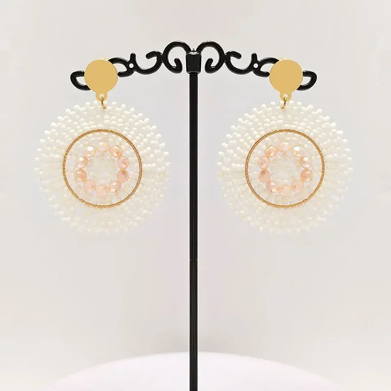 Bohemia Rice Bead Earrings for Women Off-White Crystal Hand-Woven Simple Alloy Versatile Personality Circle Beaded Jewelry