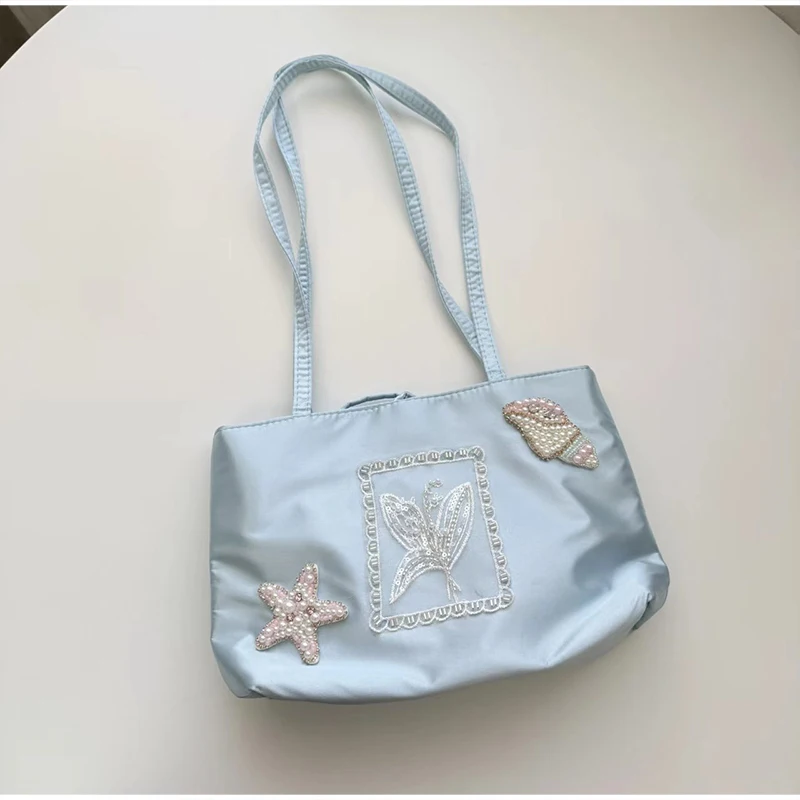 Satin Embroidered Shoulder Bag Lightweight Large-capacity Tote Bag Fashion Y2k Hot Girl Handbag Pearl Decor Island Resort Bag