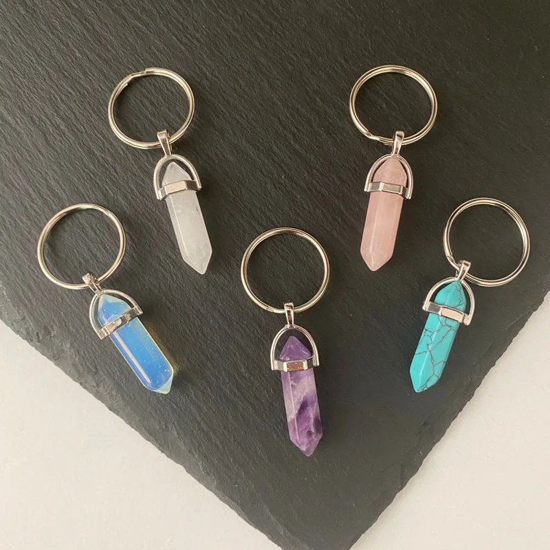 

20pcs Various Hexagonal Prism Natural Stone Key Chains Ring Women Keyring Fashion Keyholder Boho Jewelry Car Key Rings for Women