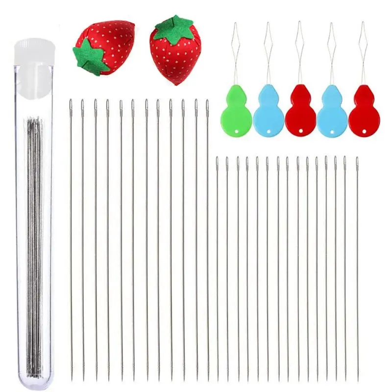 47Pcs Seed Beading Needles Fine Thin Long Straight Needle Jewelry Making with Needle Threaders Sewing Pin Cushion