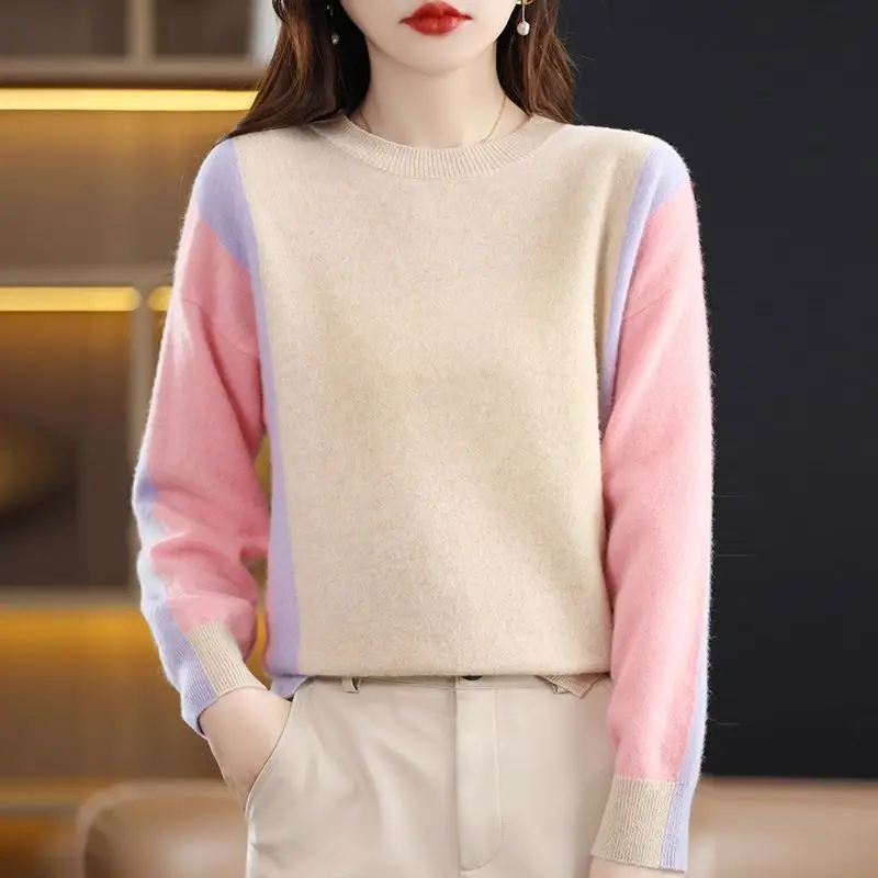 2023 New Autumn and Winter Fashionable Round Neck Color Matching Threaded Knitted Long Sleeved Casual Women's Unique Sweater