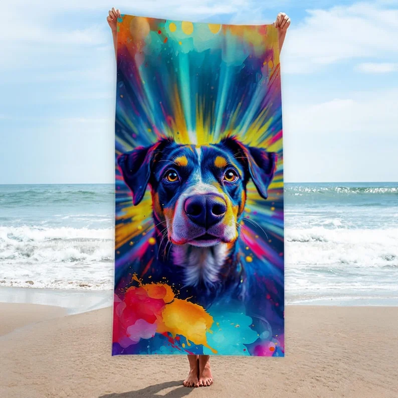 Colorful Dog Painting Towel, Lightweight Beach Towel, Ultra-fine Fiber, Large Sand Free Quick Drying