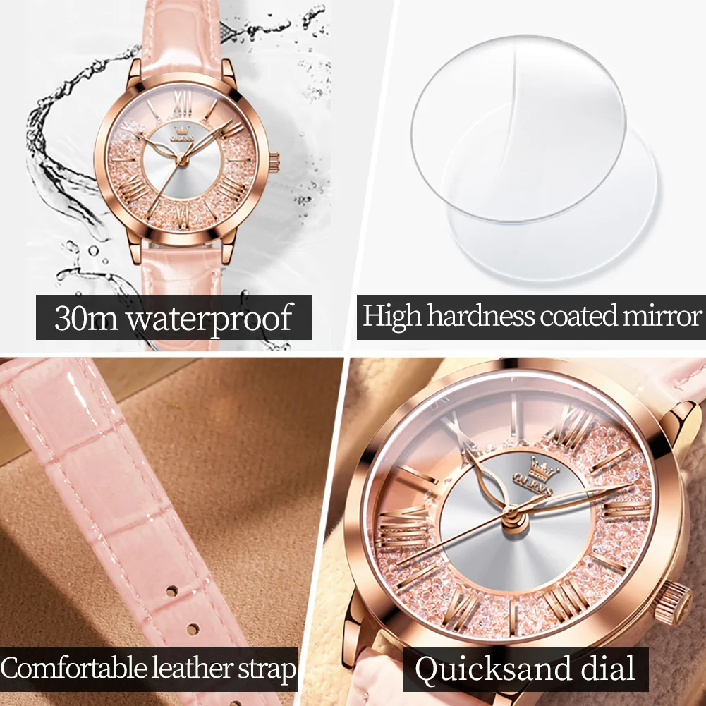 OLEVS Original Pink Leather Watch for Women Elegant Quartz Movement Waterproof Vintage Classic Watch Relojes para Mujer 5539
