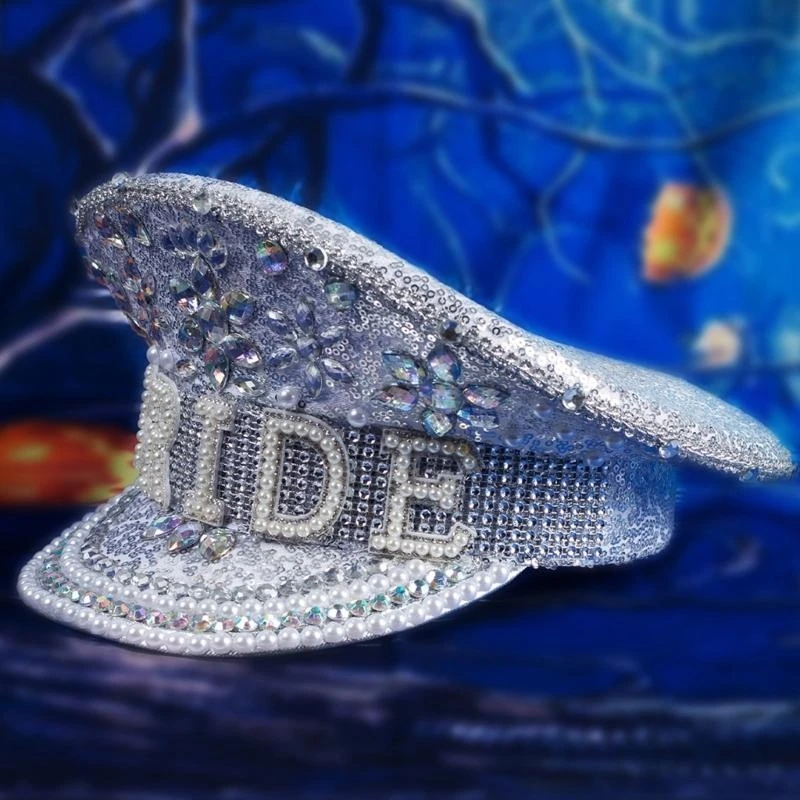 340D Sparkly Bride Hat Heavy Rhinestones Sequins Pearls Captain Hat Wedding Photo
