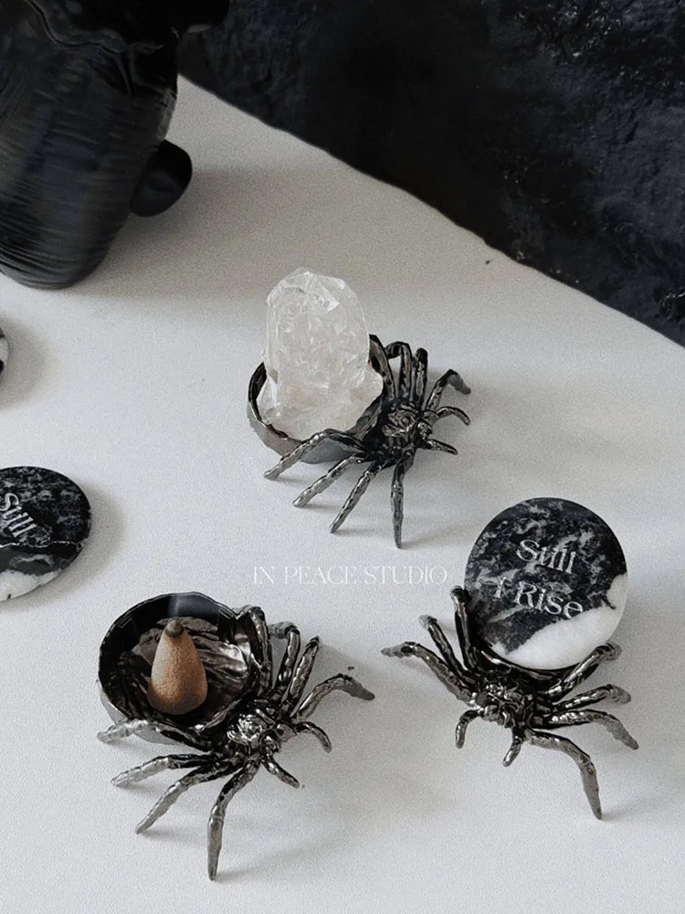 1PC Metal Spider Crystal Ball Jewelry Tray Vintage Gothic Dark Raw Stone Holder Aroma Candle Holder Tray