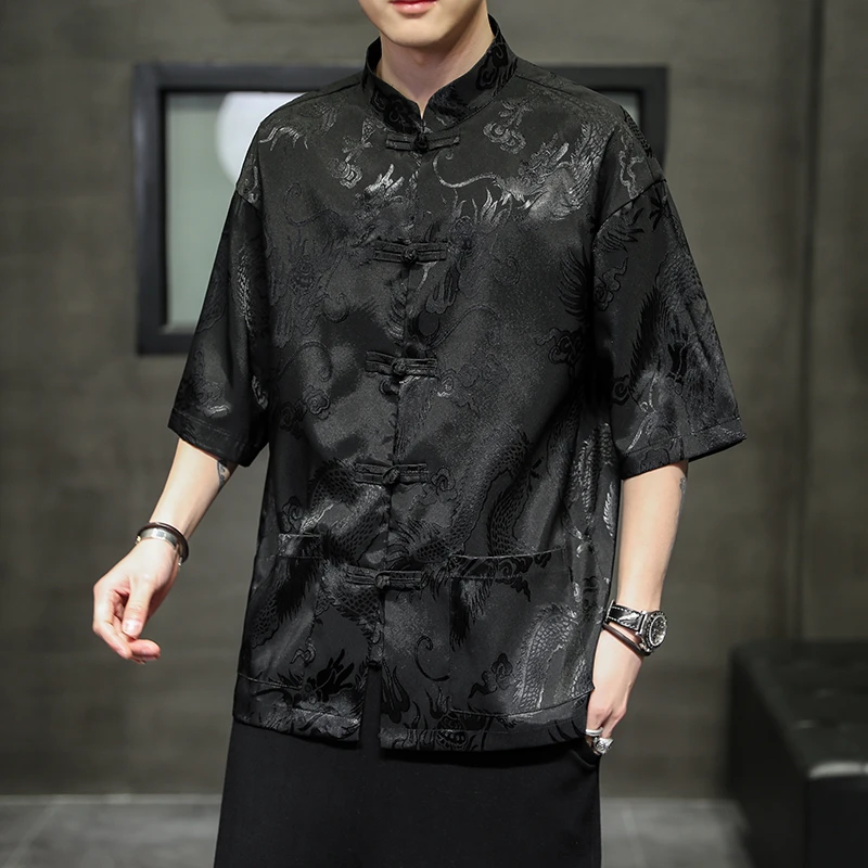 Chinese Style Retro Tang Suit Rayon Print Dragon Suit Plus Size Hanfu Men Oriental Clothing Black Short Sleeve Blouse Shirt