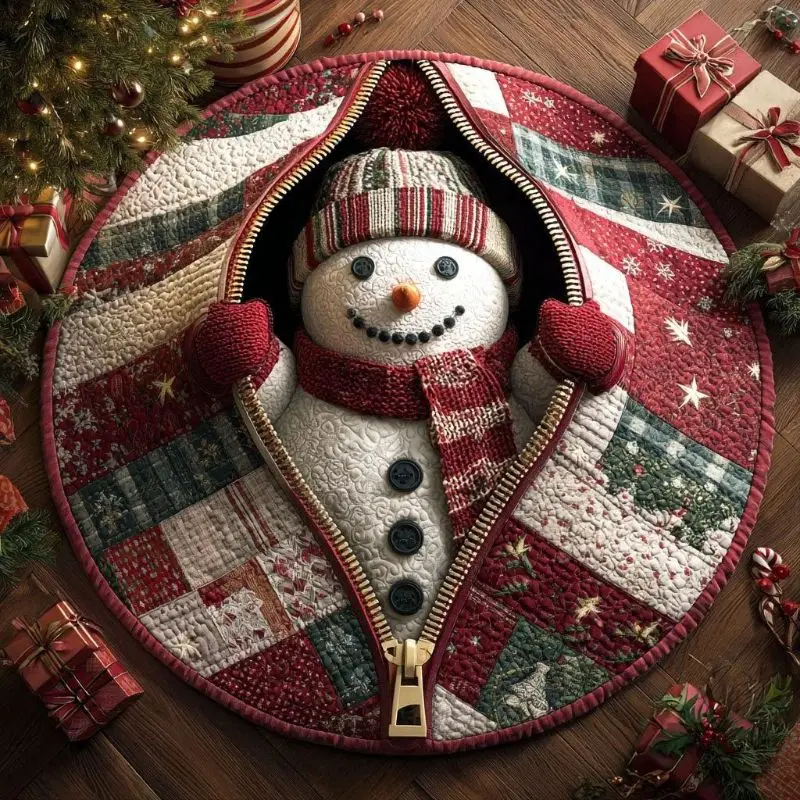 Christmas Round Rug 3D Optical Illusion Snow Village Zipper Snowman Pattern for Home Xmas Holiday Living Room Floor Mat Decor
