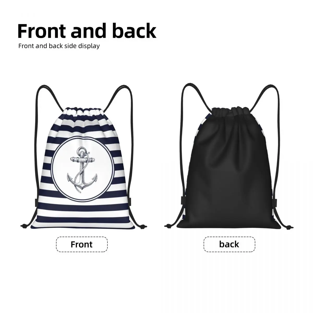 Anchor And Navy Blue Stripes Drawstring Backpack Women Men Gym Sport Sackpack Foldable Nautical Sailor Shopping Bag Sack