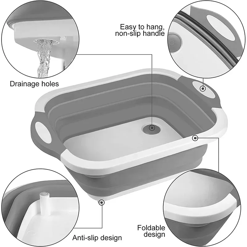 LMETJMA 3 in 1 Collapsible Cutting Board Foldable Chopping Board Camping Dishes Sink Space Saving Kitchen Drainage Basket JT120