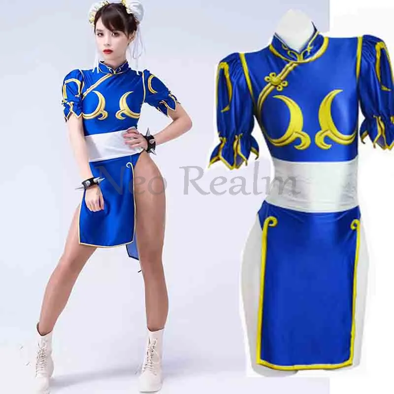 

Game SF Chun Li Cosplay Costume Blue Qipao Cheongsam Full Set Kung Fu Outfit Halloween Party Suit for Women