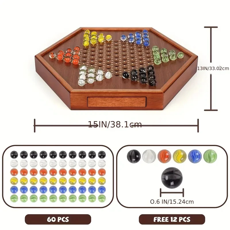 1 Set Of Luxury Large 15 Inch Wooden Hexagonal Chessboard Checkers Tabletop Entertainment Game With 72 Glass Marbles