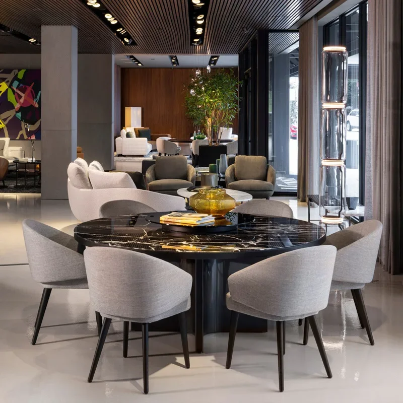 

Natural marble dining table round table with turntable combination modern simple large flat floor home