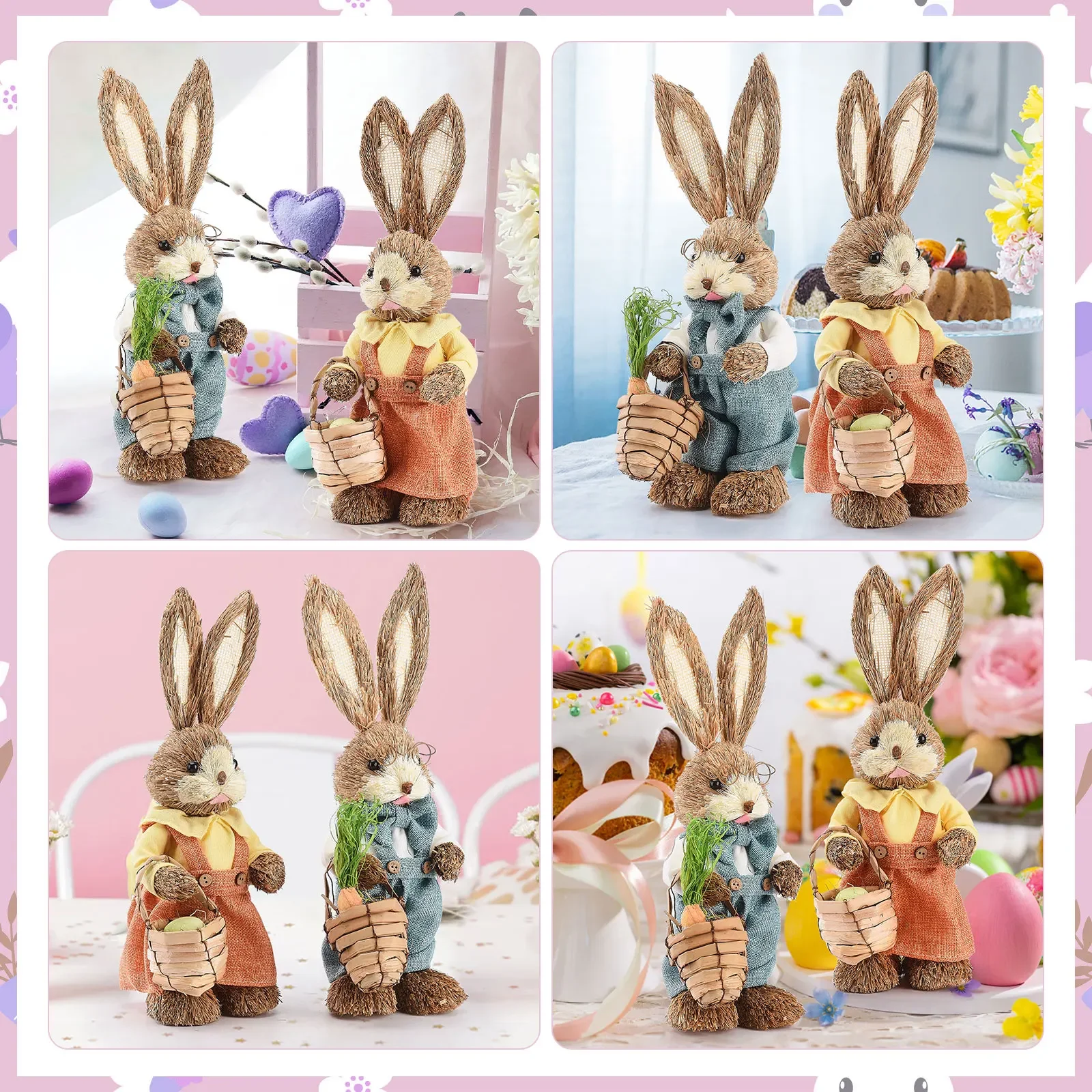 2PCS 23/35CM Straw Bunny Easter Decor Simulation Cute Rabbit Ornament Home Festival Party Window Decoration Props Children Gift