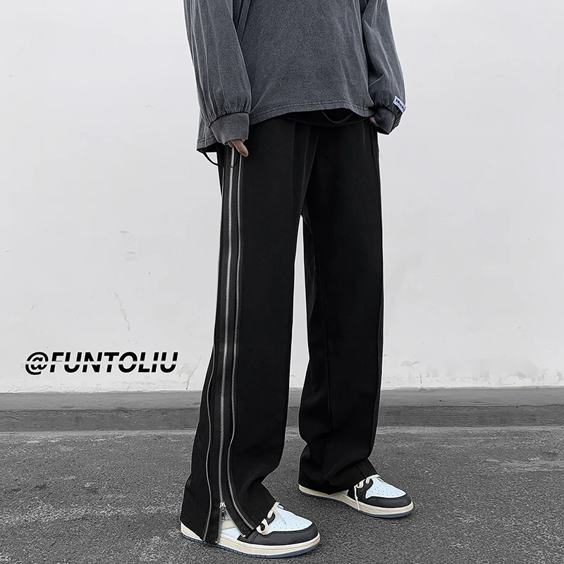 

Мужские повседневные спортивные брюки в американском стиле с широкими штанинами, модные, для весны и осени, с молнией, удлиненные, в стиле High Street