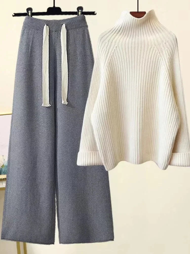 Setelan Sweater rajut wanita, pakaian luar longgar Set N437, Sweater rajut setengah Turtleneck lengan panjang dan celana kaki lebar Musim Dingin