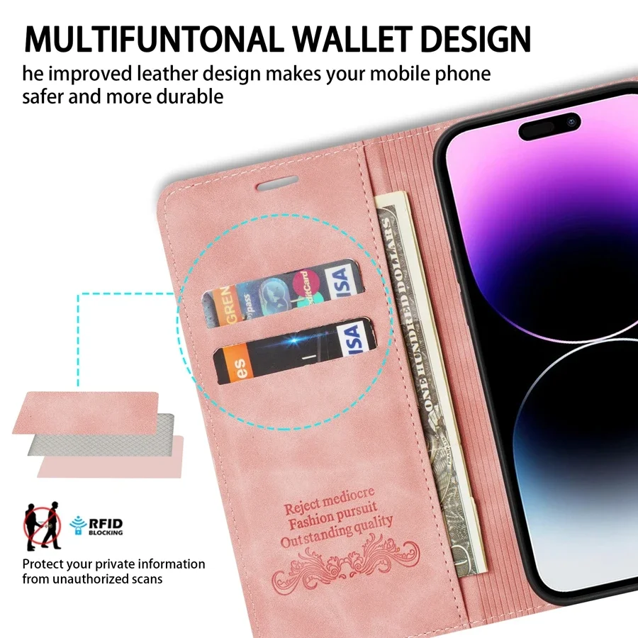 Wallet Skin Friendly Magnetic Flip With Card Slot Leather Case For iPhone 15 Pro Max 14 13 12 11 SE 2022 2020 X XS XR 8 7 Plus