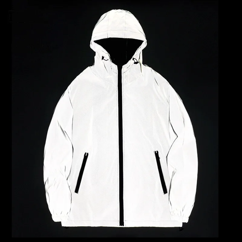 Harajuku Night Reflective Jacket Men Double Fabric Windbreaker Hooded Coat Hip Hop Dancer Style Waterproof Zipper Casual Outwear