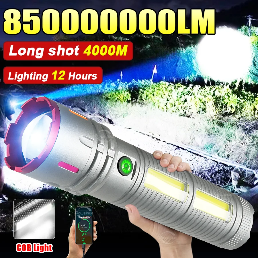

Самый мощный светодиодный фонарик, 15000 мАч, перезаряжаемые фонарики, 18650, COB Light, дальний свет, 4000 м, тактический фонарь, фонарь для рыбалки