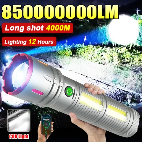 ไฟฉาย LED ที่ทรงพลังที่สุด 15000mAh ไฟฉายแบบชาร์จไฟได้ 18650 ไฟ COB ระยะไกล 4000M ไฟฉายยุทธวิธี โคมไฟตกปลา