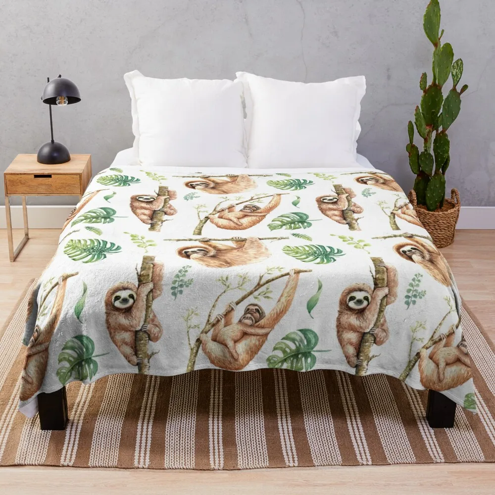 

Sloths Chilling Out Watercolour Pattern. Throw Blanket Summer Beautifuls Sleeping Bag Blankets