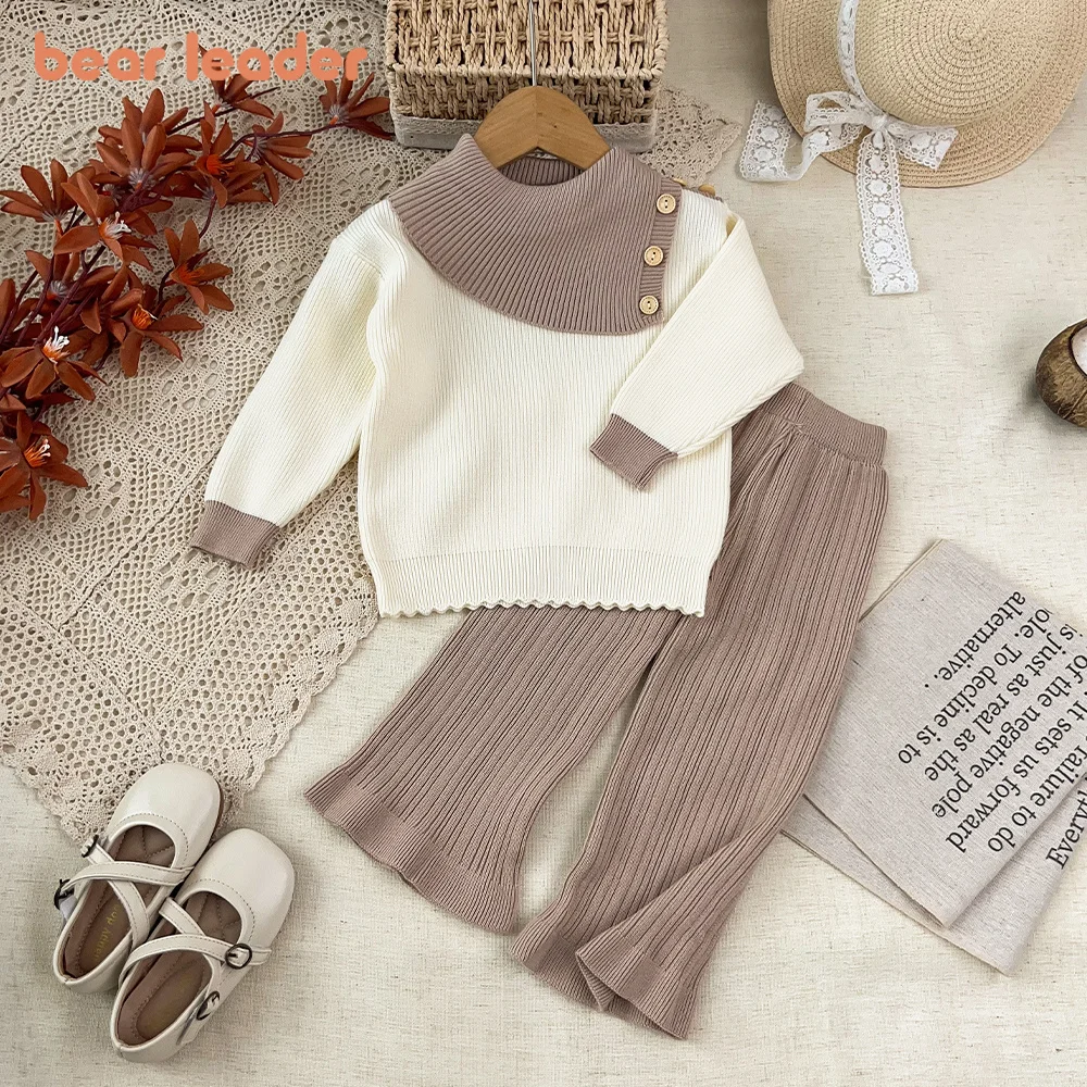 Bear Leader 2-6 Year Old Knitted Sweater Winter Girls' Clothing Fashion Casual Color Blocked Long Sleeved Top+Solid Color Pants