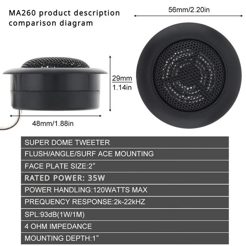 Tweeter para Auto MA260 12v Alta Fidelidad 25mm Domo de Seda Sonido Puro 35w Alta Potencia 2