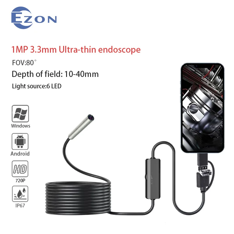 1MP 3.3 ملم 80 °   كاميرا المنظار الصناعي لفحص خطوط الأنابيب 1.5 متر USB Type-C أندرويد 3 في 1 مسبار المنظار الحبلي الناعم