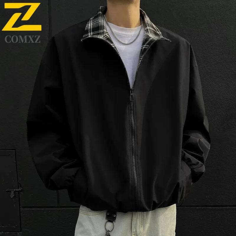 

COMXZ Lightweight Windbreaker Jacket Grid Splicing Stand Collar Autumn Thin Travel Hiking Varsity Jacket Autumn Camping Men Coat